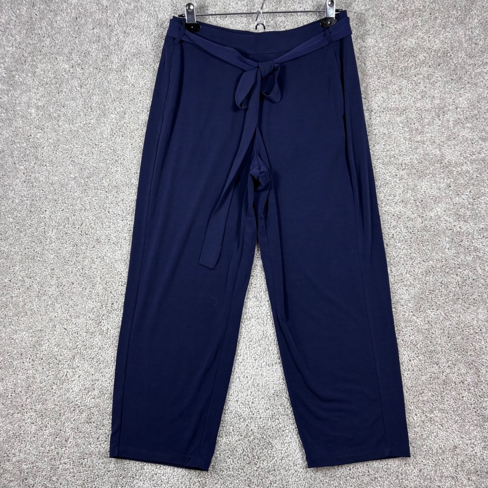 Susan Graver Liquid Knit Navy Blue Wide Leg Crop Tie Waist Pants Womens Small